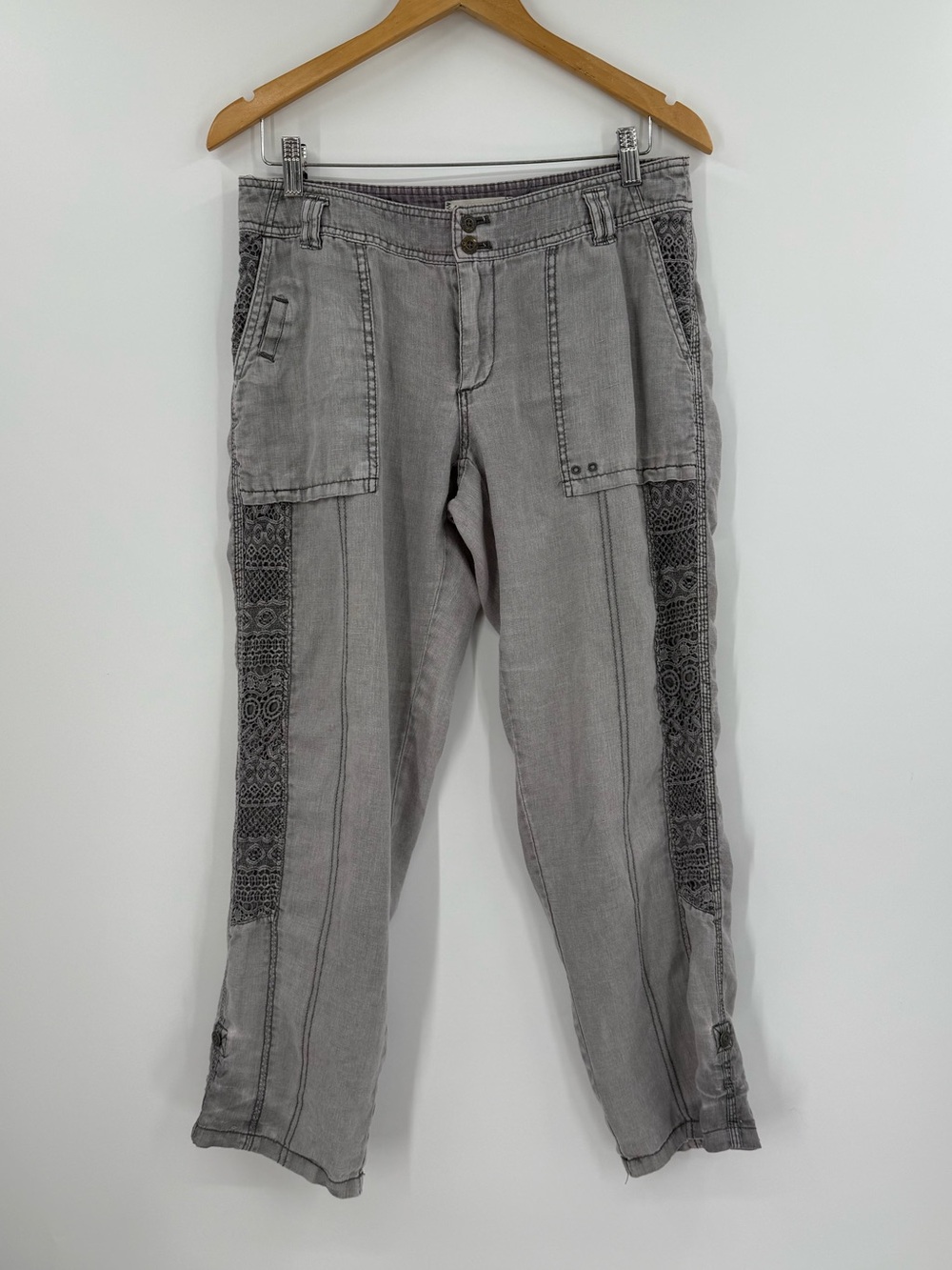 Anthropologie Hei Hei Linen Crochet Trim Cargo Pants | Grey | 28 - Picture 2 of 7